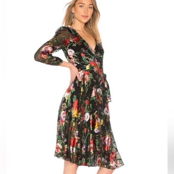 Alice + Olivia Blooming Bouquet Floral Print Wrap Dress Fall Wedding Guest Party - Picture 3 of 15
